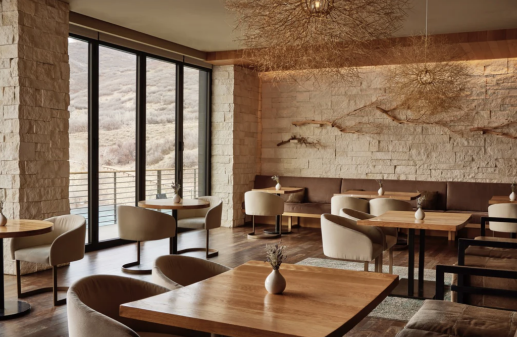 A minimalist, neutral, dining room inside Yuta, one of Park City Utah's best restaurants.