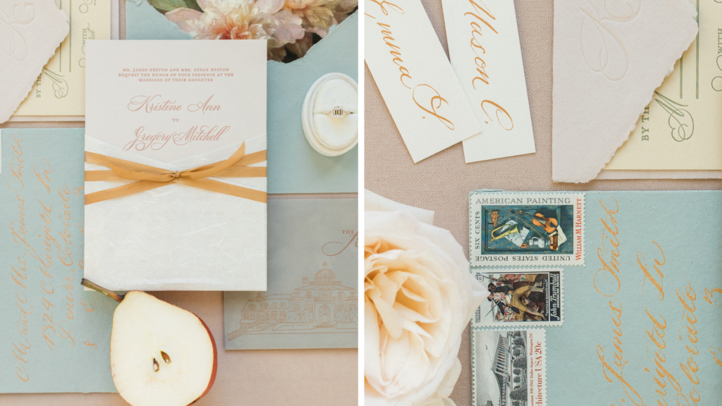 A collection of two french style flat lays including cards and wedding invitations.