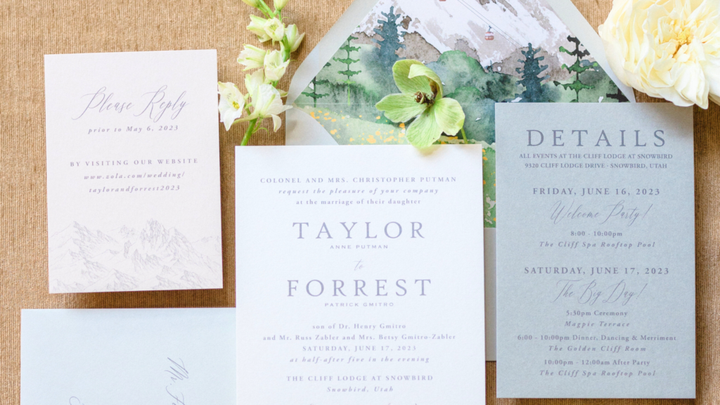 A wedding invitation and other invitation suite cards designed in a forest theme.